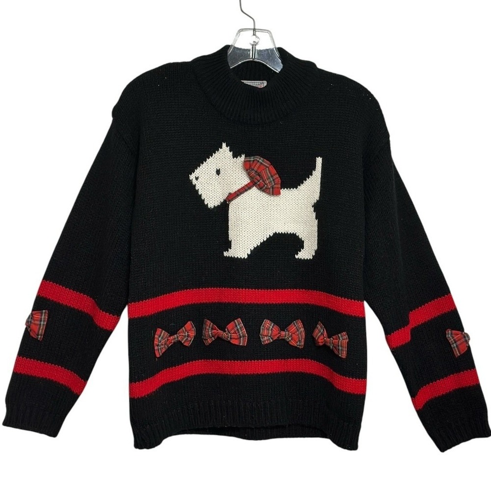 Spice of Life Sweater Women Black Westie Dog Plaid Bows Vintage 90s Christmas L